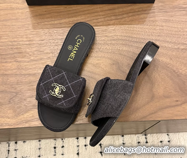 Discount Chanel CC Logo Black Fabric Flats Slides Sandals 6051801