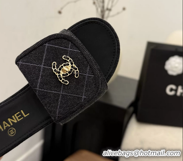 Discount Chanel CC Logo Black Fabric Flats Slides Sandals 6051801