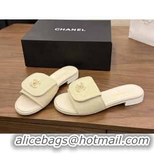 Famous Chanel CC Logo Beige Fabric Flats Slides Sandals 6051801