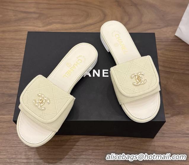 Famous Chanel CC Logo Beige Fabric Flats Slides Sandals 6051801