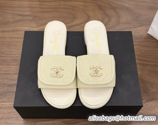Famous Chanel CC Logo Beige Fabric Flats Slides Sandals 6051801