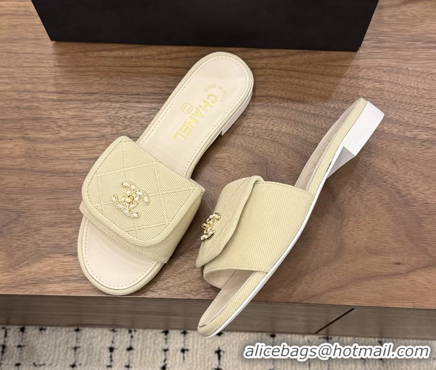 Famous Chanel CC Logo Beige Fabric Flats Slides Sandals 6051801