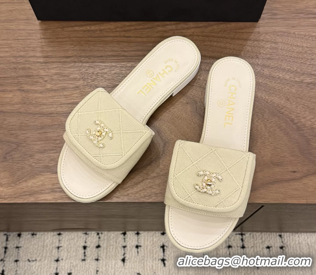 Famous Chanel CC Logo Beige Fabric Flats Slides Sandals 6051801