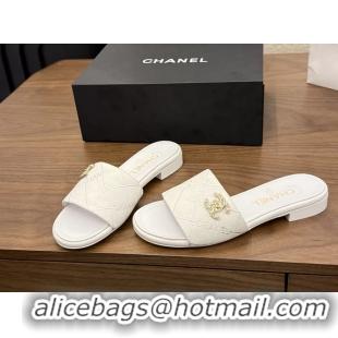Discount Chanel CC Logo White Fabric Flats Slides Sandals 6051801