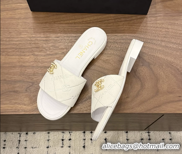 Discount Chanel CC Logo White Fabric Flats Slides Sandals 6051801