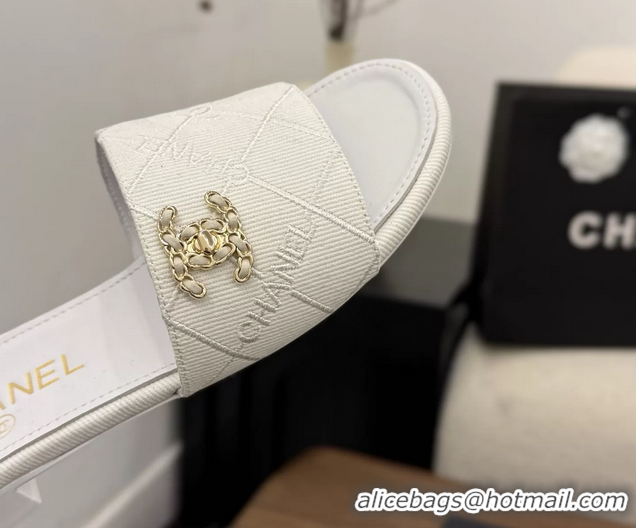 Discount Chanel CC Logo White Fabric Flats Slides Sandals 6051801