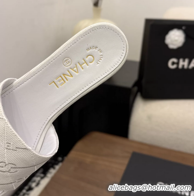 Discount Chanel CC Logo White Fabric Flats Slides Sandals 6051801
