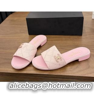 Good Quality Chanel CC Logo Pink Fabric Flats Slides Sandals 6051801