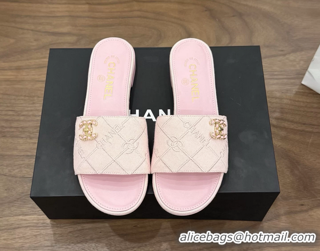 Good Quality Chanel CC Logo Pink Fabric Flats Slides Sandals 6051801