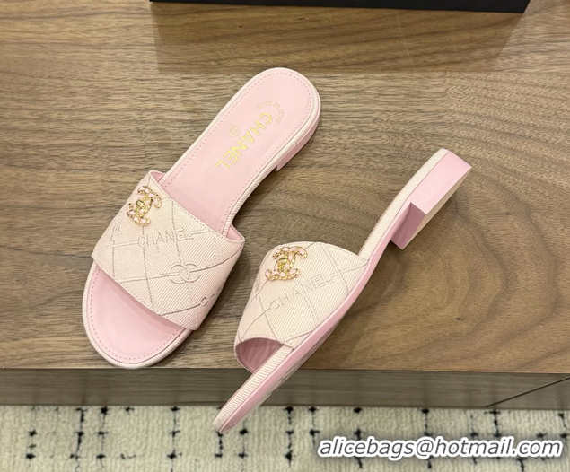 Good Quality Chanel CC Logo Pink Fabric Flats Slides Sandals 6051801
