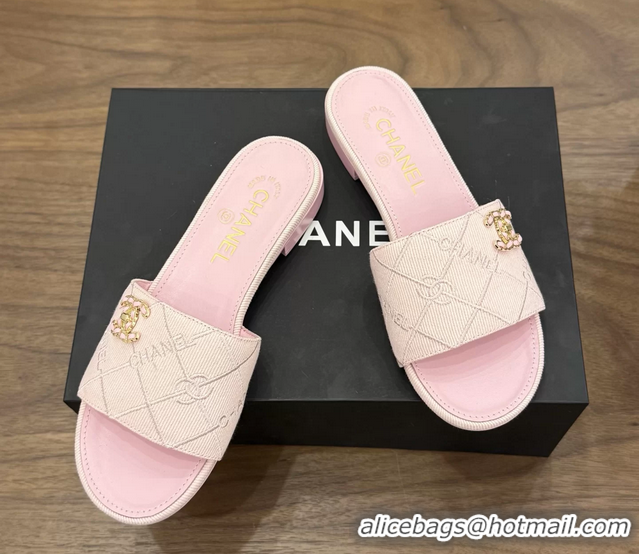 Good Quality Chanel CC Logo Pink Fabric Flats Slides Sandals 6051801