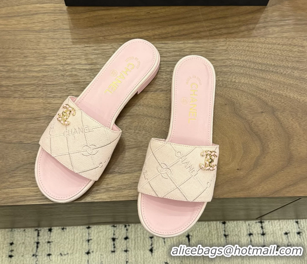 Good Quality Chanel CC Logo Pink Fabric Flats Slides Sandals 6051801