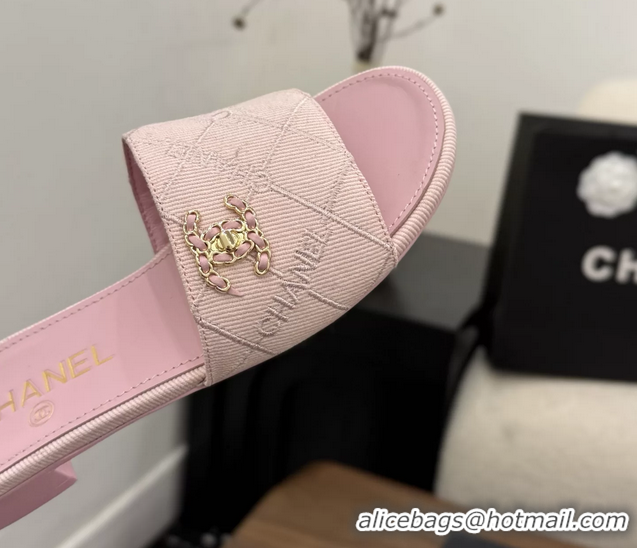Good Quality Chanel CC Logo Pink Fabric Flats Slides Sandals 6051801