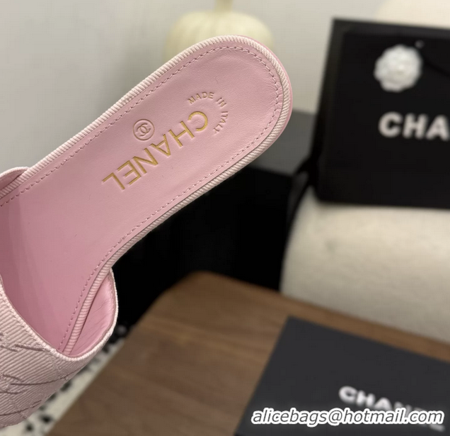 Good Quality Chanel CC Logo Pink Fabric Flats Slides Sandals 6051801