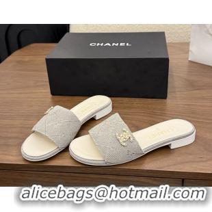 Good Looking Chanel CC Logo Gray Fabric Flats Slides Sandals 6051801
