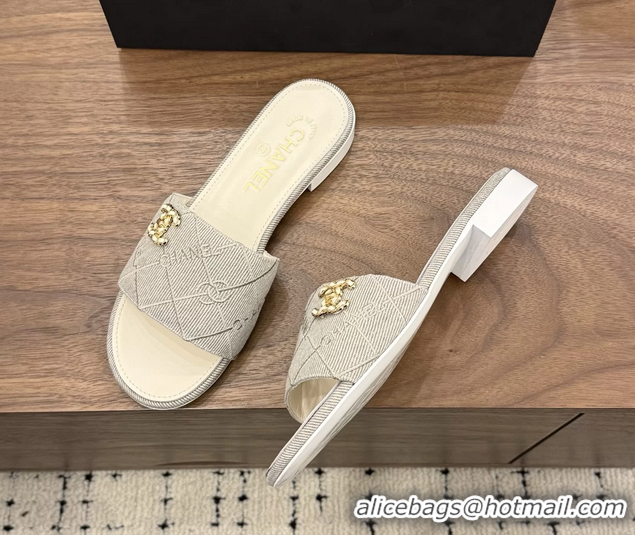 Good Looking Chanel CC Logo Gray Fabric Flats Slides Sandals 6051801