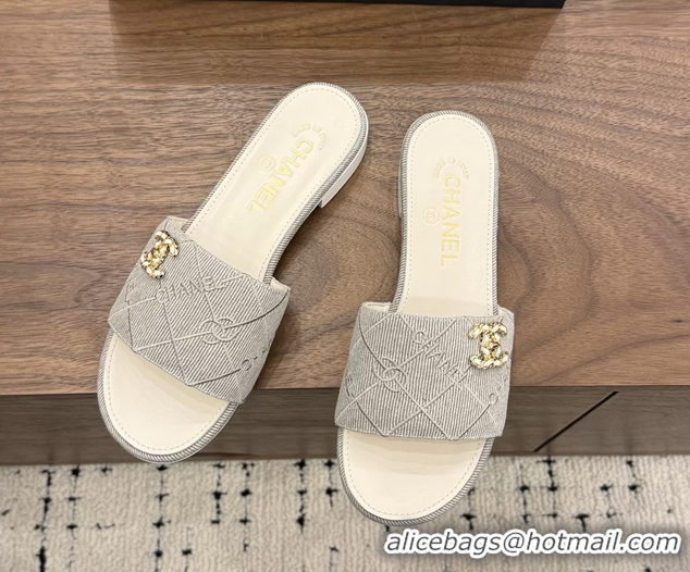 Good Looking Chanel CC Logo Gray Fabric Flats Slides Sandals 6051801
