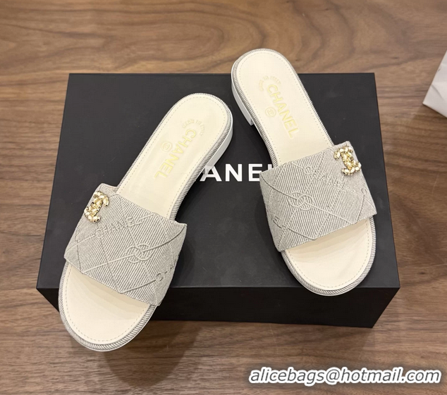 Good Looking Chanel CC Logo Gray Fabric Flats Slides Sandals 6051801