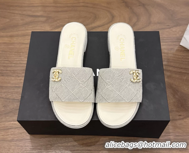 Good Looking Chanel CC Logo Gray Fabric Flats Slides Sandals 6051801
