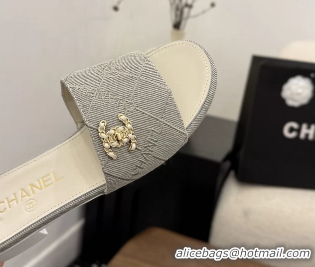Good Looking Chanel CC Logo Gray Fabric Flats Slides Sandals 6051801