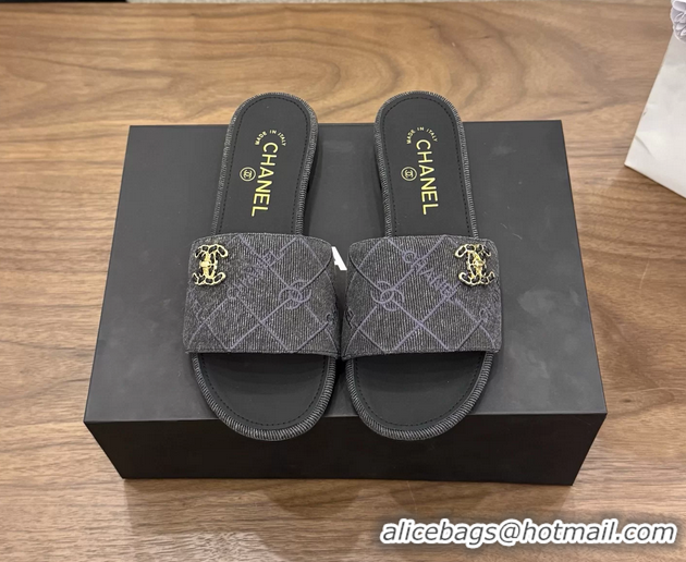 Stylish Chanel CC Logo Black Fabric Flats Slides Sandals 6051801