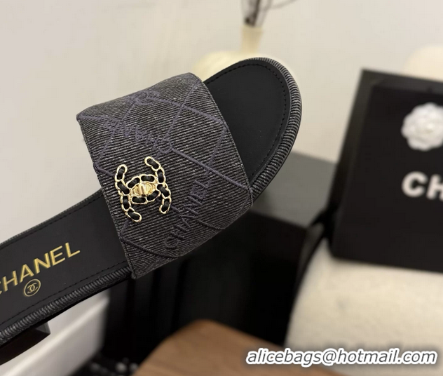 Stylish Chanel CC Logo Black Fabric Flats Slides Sandals 6051801