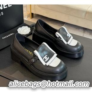 Top Grade Chanel CC Logo Black White Leather Moccasins Loafers with Flap 6051802