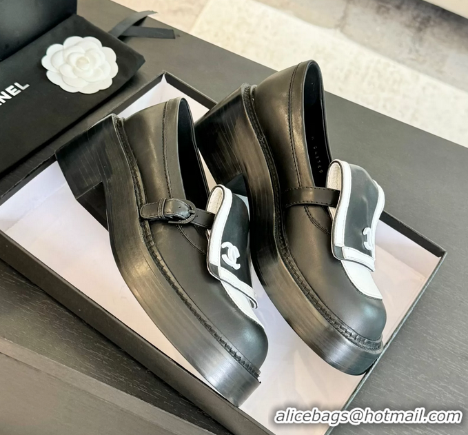 Top Grade Chanel CC Logo Black White Leather Moccasins Loafers with Flap 6051802