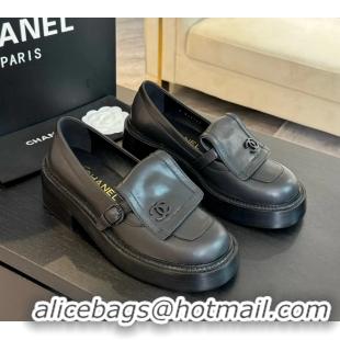 Luxury Chanel CC Logo Black Leather Moccasins Loafers with Flap 6051802
