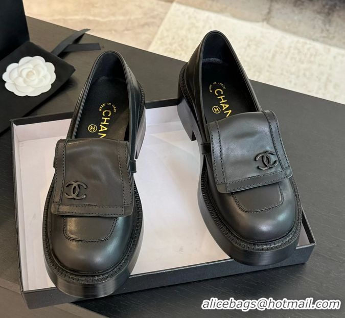 Luxury Chanel CC Logo Black Leather Moccasins Loafers with Flap 6051802