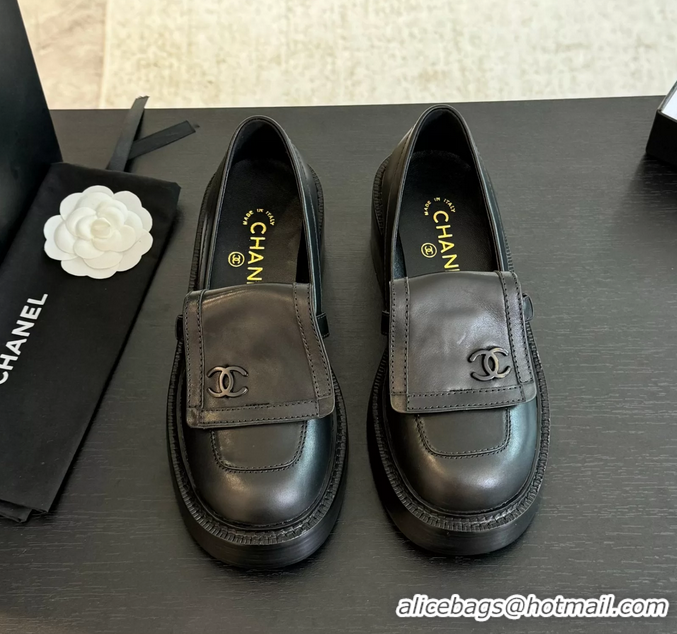 Luxury Chanel CC Logo Black Leather Moccasins Loafers with Flap 6051802