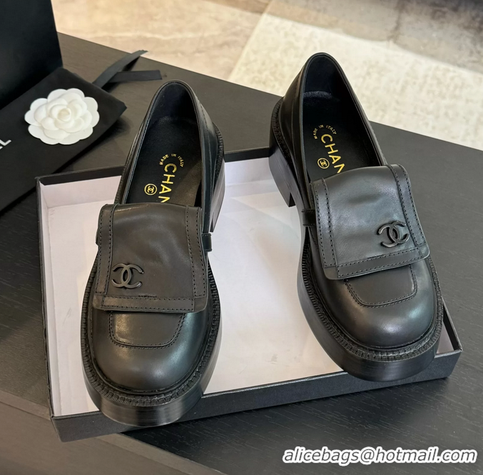 Luxury Chanel CC Logo Black Leather Moccasins Loafers with Flap 6051802