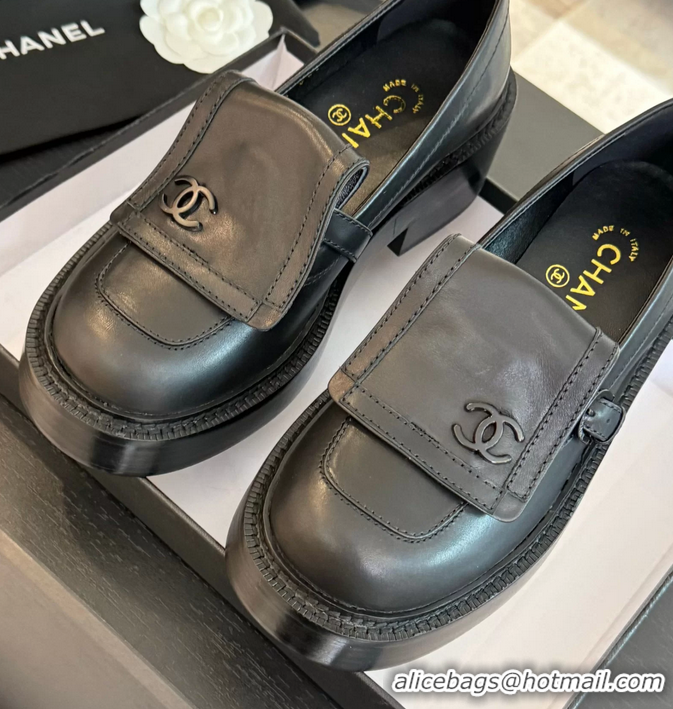 Luxury Chanel CC Logo Black Leather Moccasins Loafers with Flap 6051802