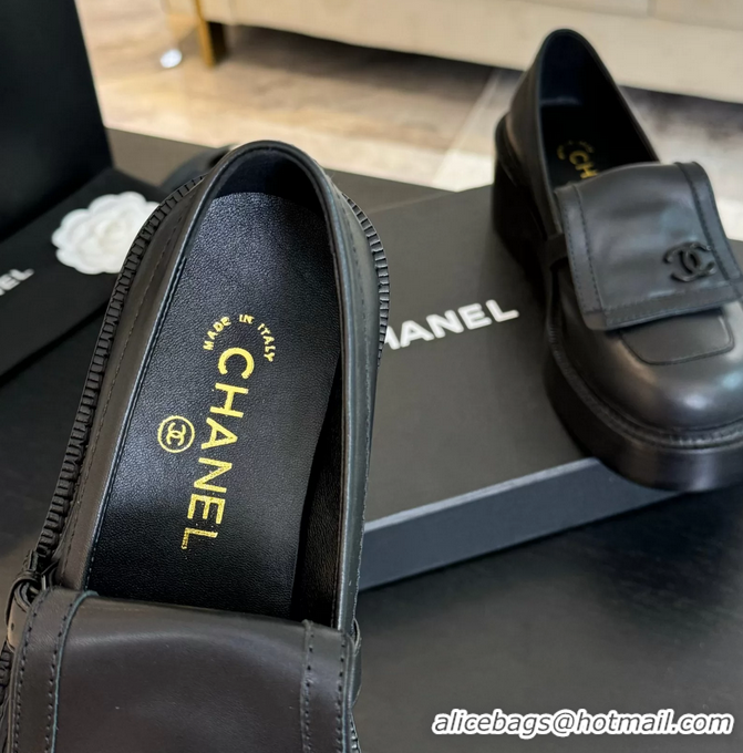 Luxury Chanel CC Logo Black Leather Moccasins Loafers with Flap 6051802