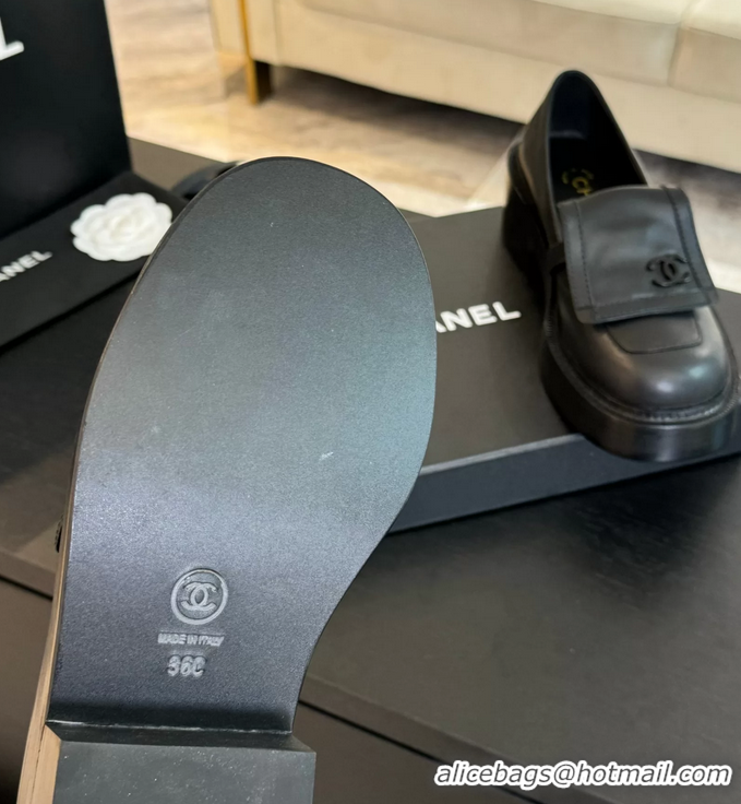 Luxury Chanel CC Logo Black Leather Moccasins Loafers with Flap 6051802