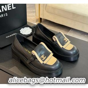 Best Price Chanel CC Logo Black Beige Leather Moccasins Loafers with Flap 6051802