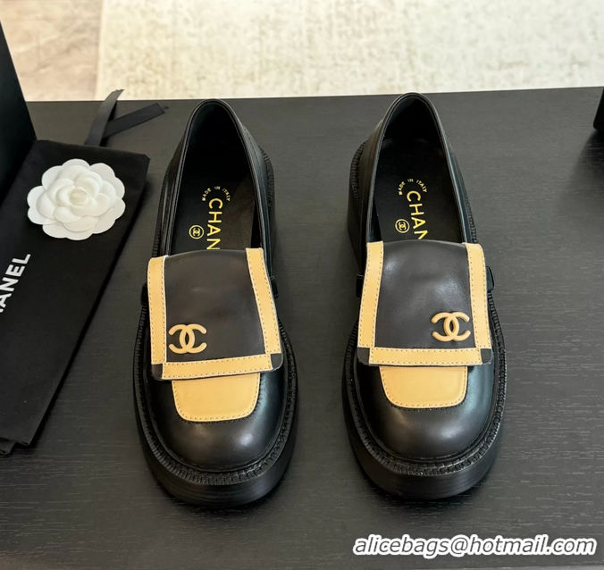 Best Price Chanel CC Logo Black Beige Leather Moccasins Loafers with Flap 6051802