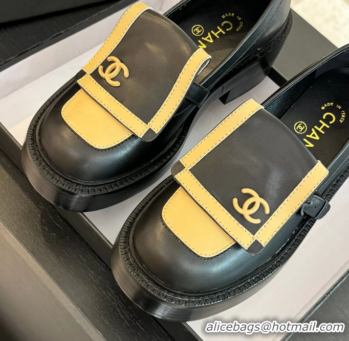 Best Price Chanel CC Logo Black Beige Leather Moccasins Loafers with Flap 6051802