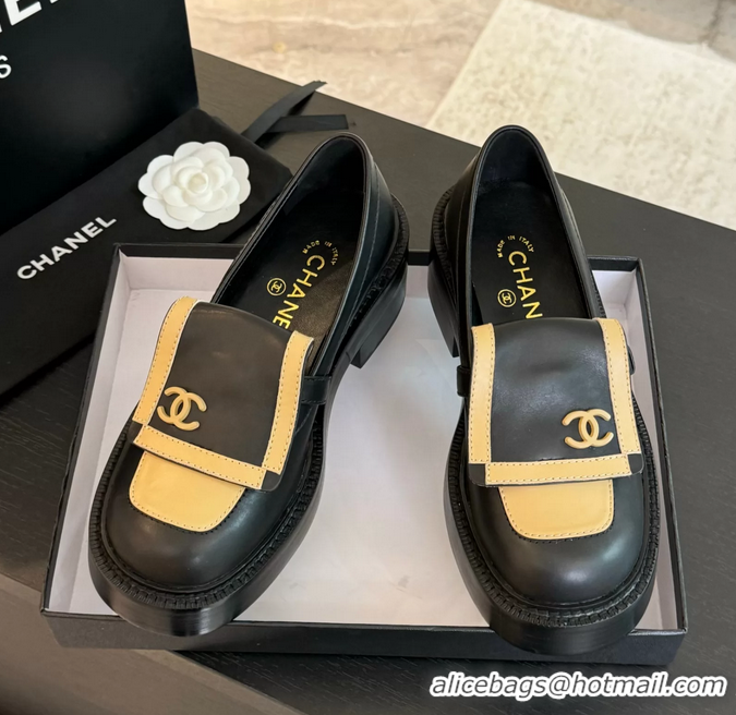 Best Price Chanel CC Logo Black Beige Leather Moccasins Loafers with Flap 6051802