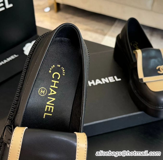 Best Price Chanel CC Logo Black Beige Leather Moccasins Loafers with Flap 6051802