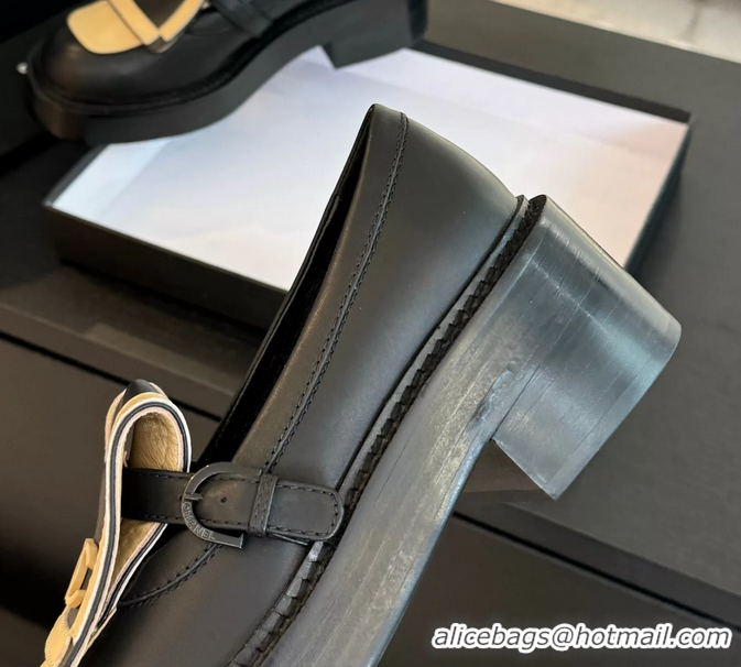 Best Price Chanel CC Logo Black Beige Leather Moccasins Loafers with Flap 6051802
