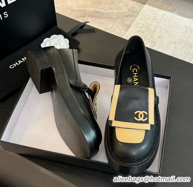 Best Price Chanel CC Logo Black Beige Leather Moccasins Loafers with Flap 6051802