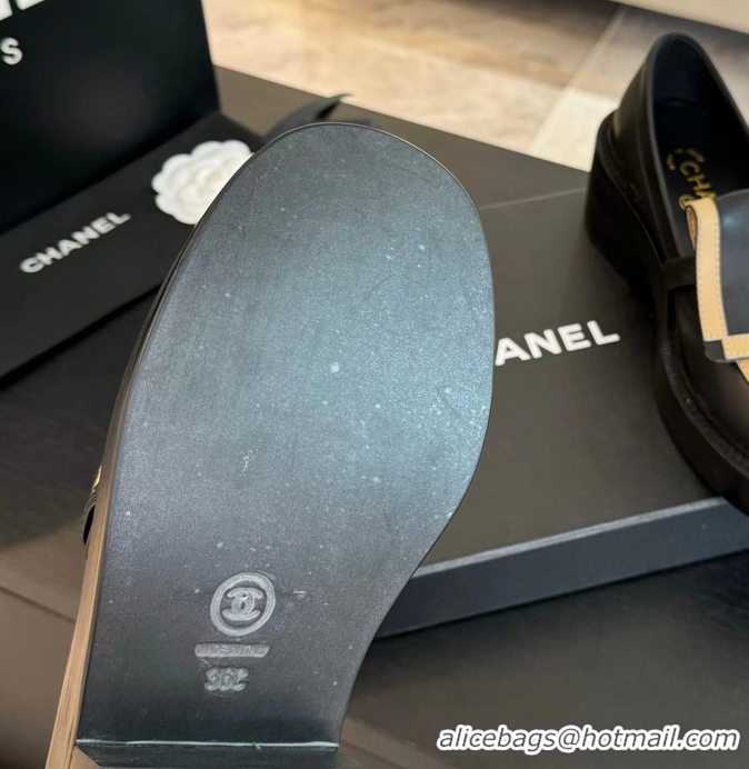 Best Price Chanel CC Logo Black Beige Leather Moccasins Loafers with Flap 6051802