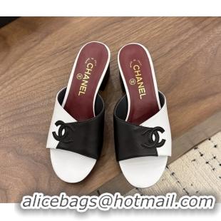 Unique Style Chanel CC Logo Black White Leather Heeled Slides Sandals 6051803