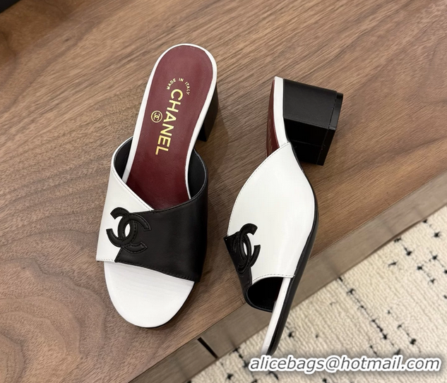 Unique Style Chanel CC Logo Black White Leather Heeled Slides Sandals 6051803