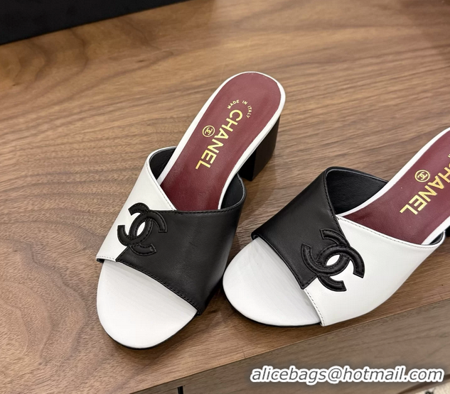 Unique Style Chanel CC Logo Black White Leather Heeled Slides Sandals 6051803