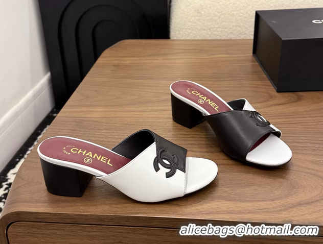 Unique Style Chanel CC Logo Black White Leather Heeled Slides Sandals 6051803