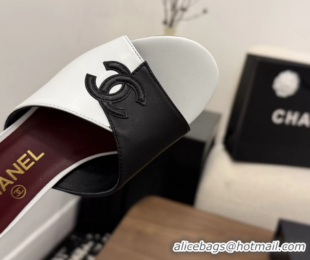 Unique Style Chanel CC Logo Black White Leather Heeled Slides Sandals 6051803
