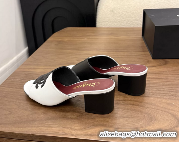 Unique Style Chanel CC Logo Black White Leather Heeled Slides Sandals 6051803