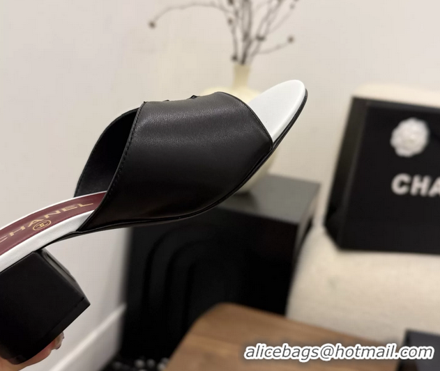 Unique Style Chanel CC Logo Black White Leather Heeled Slides Sandals 6051803